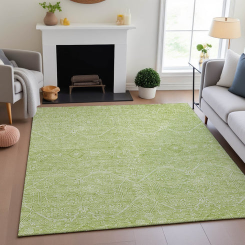 8' Mint Green And Ivory Floral Washable Area Rug With UV Protection