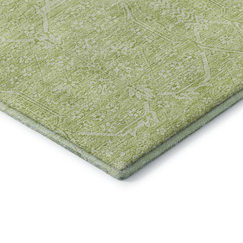 8' Mint Green And Ivory Floral Washable Area Rug With UV Protection