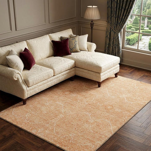 8' Salmon And Ivory Floral Washable Area Rug With UV Protection