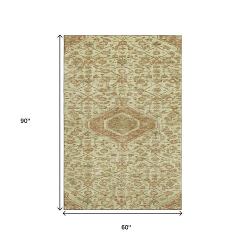 5' X 8' Beige Rust And Artichoke Green Floral Washable Area Rug With UV Protection