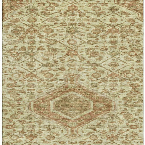 5' X 8' Beige Rust And Artichoke Green Floral Washable Area Rug With UV Protection