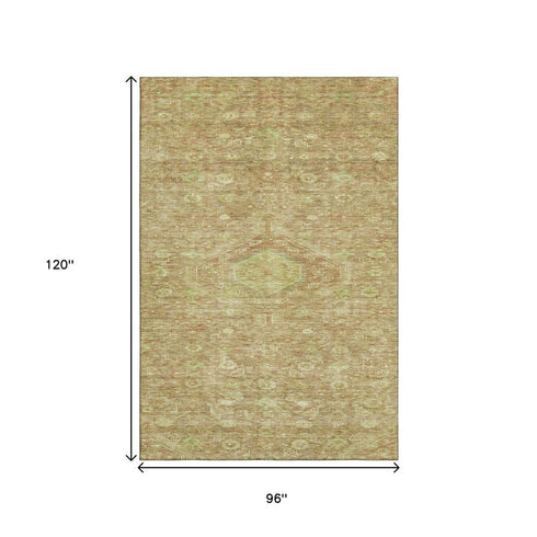 8' Terra Cotta And Artichoke Green Floral Washable Area Rug With UV Protection