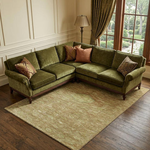8' Terra Cotta And Artichoke Green Floral Washable Area Rug With UV Protection
