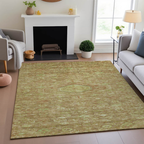 8' Terra Cotta And Artichoke Green Floral Washable Area Rug With UV Protection