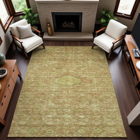 8' Terra Cotta And Artichoke Green Floral Washable Area Rug With UV Protection