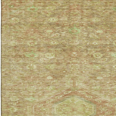 8' Terra Cotta And Artichoke Green Floral Washable Area Rug With UV Protection
