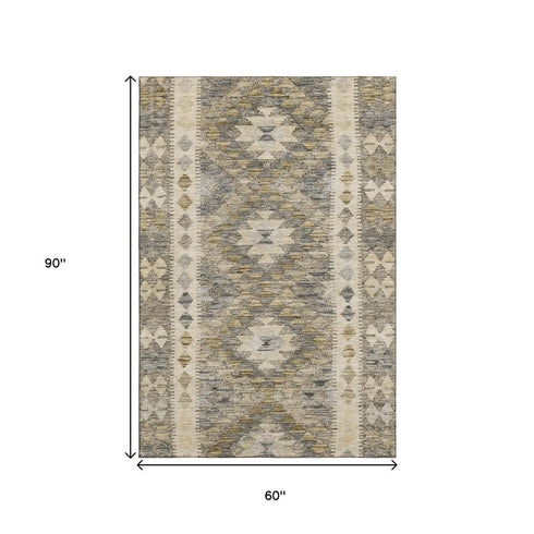 5' X 8' Beige Gray And Ivory Geometric Washable Area Rug With UV Protection