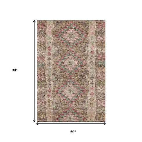 5' X 8' Brown Pink And Teal Geometric Washable Area Rug With UV Protection