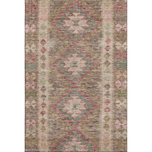 5' X 8' Brown Pink And Teal Geometric Washable Area Rug With UV Protection