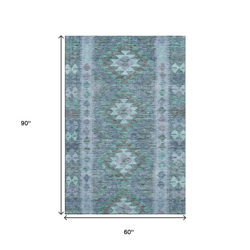 5' X 8' Blue And Pale Aqua Geometric Washable Area Rug With UV Protection