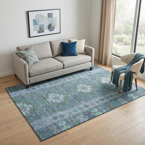 5' X 8' Blue And Pale Aqua Geometric Washable Area Rug With UV Protection