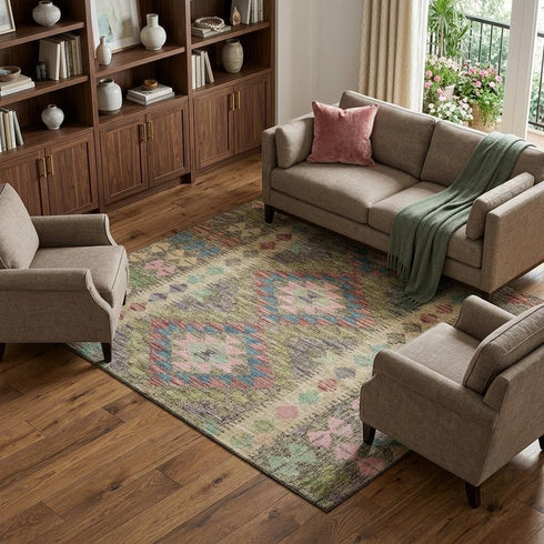 8' Green Pink And Blue Geometric Washable Area Rug With UV Protection