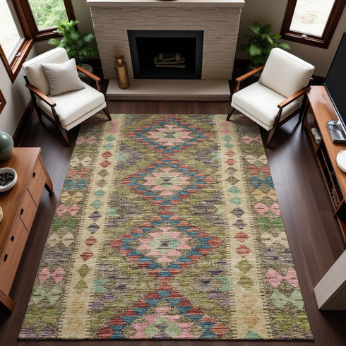 8' Green Pink And Blue Geometric Washable Area Rug With UV Protection