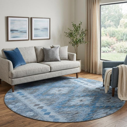 8' X 8' Navy Blue Gray And Silver Geometric Washable Round Rug With UV Protection