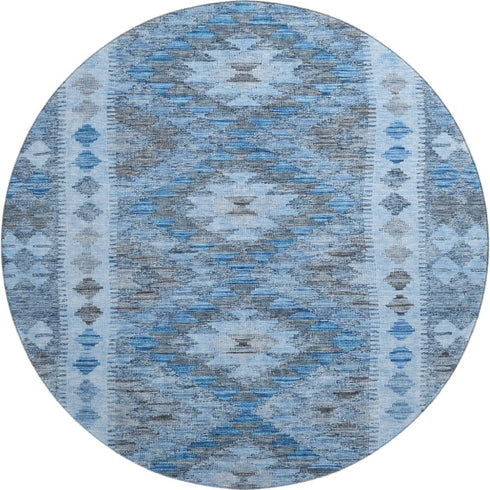 8' X 8' Navy Blue Gray And Silver Geometric Washable Round Rug With UV Protection