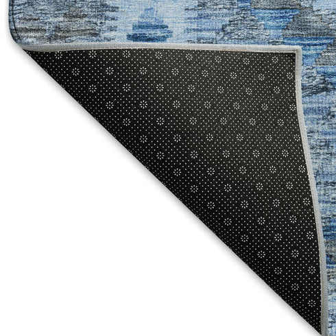 8' X 8' Navy Blue Gray And Silver Geometric Washable Round Rug With UV Protection