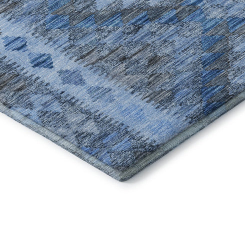8' X 8' Navy Blue Gray And Silver Geometric Washable Round Rug With UV Protection