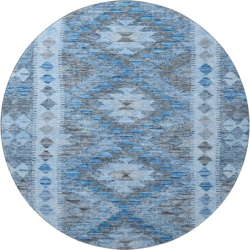 8' X 8' Navy Blue Gray And Silver Geometric Washable Round Rug With UV Protection