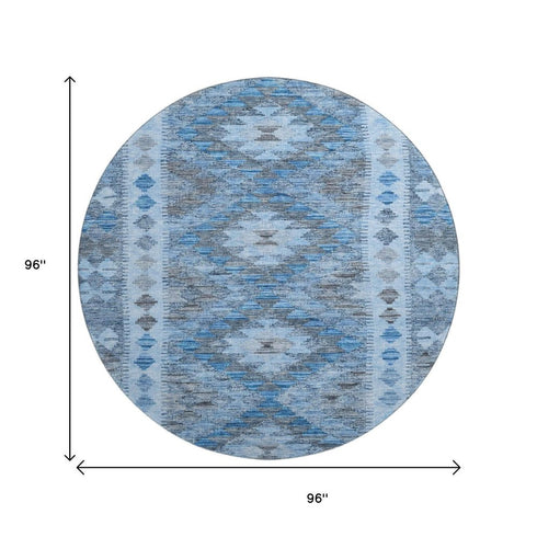 8' X 8' Navy Blue Gray And Silver Geometric Washable Round Rug With UV Protection