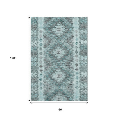 8' Teal Gray And Aqua Geometric Washable Area Rug With UV Protection