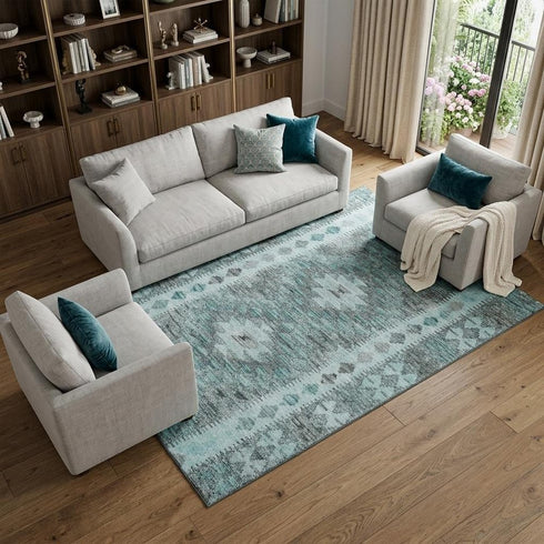 8' Teal Gray And Aqua Geometric Washable Area Rug With UV Protection