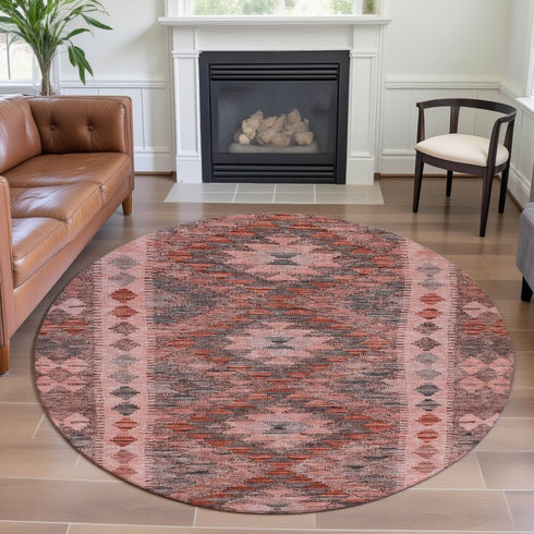 8' X 8' Terra Cotta Gray And Silver Geometric Washable Round Rug With UV Protection
