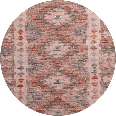 8' X 8' Terra Cotta Gray And Silver Geometric Washable Round Rug With UV Protection