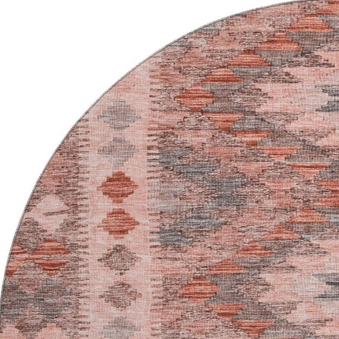 8' X 8' Terra Cotta Gray And Silver Geometric Washable Round Rug With UV Protection