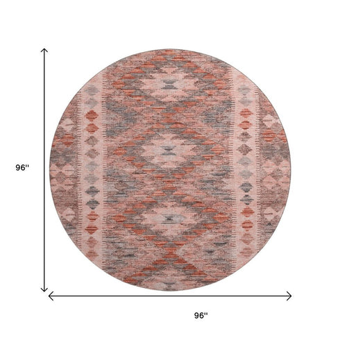 8' X 8' Terra Cotta Gray And Silver Geometric Washable Round Rug With UV Protection