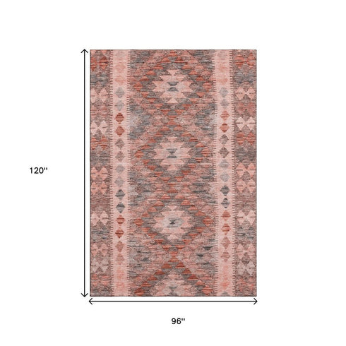 8' Terra Cotta Gray And Silver Geometric Washable Area Rug With UV Protection