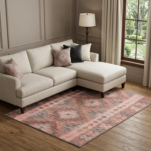 8' Terra Cotta Gray And Silver Geometric Washable Area Rug With UV Protection