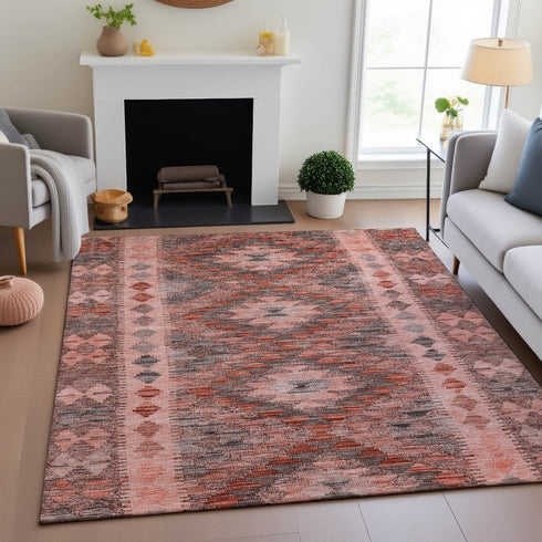 8' Terra Cotta Gray And Silver Geometric Washable Area Rug With UV Protection