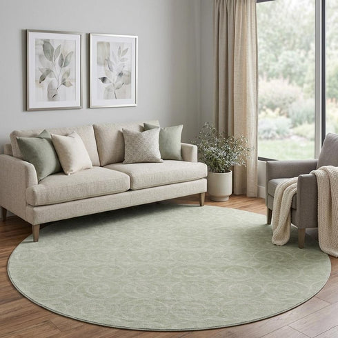 8' X 8' Mint Green And Ivory Geometric Washable Round Rug With UV Protection