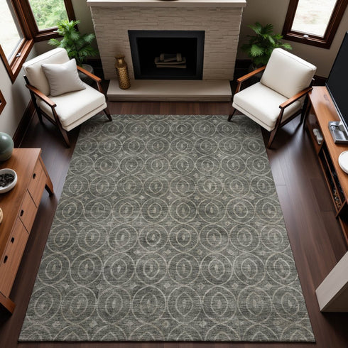 8' Pewter And Gray Geometric Washable Area Rug With UV Protection