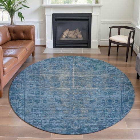 8' X 8' Blue And Silver Oriental Washable Round Rug With UV Protection