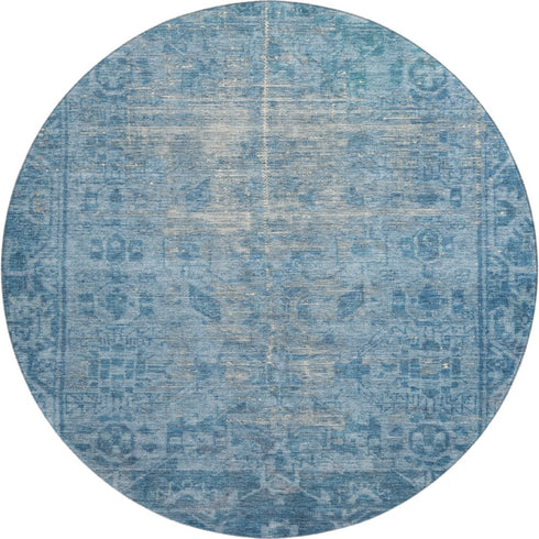 8' X 8' Blue And Silver Oriental Washable Round Rug With UV Protection