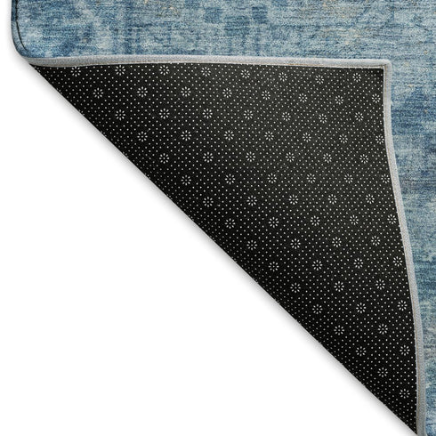 8' X 8' Blue And Silver Oriental Washable Round Rug With UV Protection