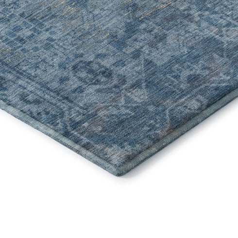8' X 8' Blue And Silver Oriental Washable Round Rug With UV Protection