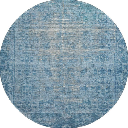 8' X 8' Blue And Silver Oriental Washable Round Rug With UV Protection