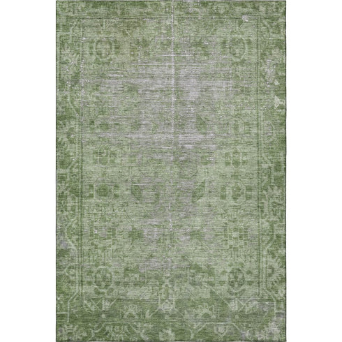 5' X 8' Fern Green And Silver Oriental Washable Area Rug With UV Protection