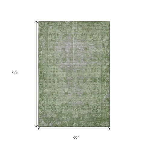 5' X 8' Fern Green And Silver Oriental Washable Area Rug With UV Protection
