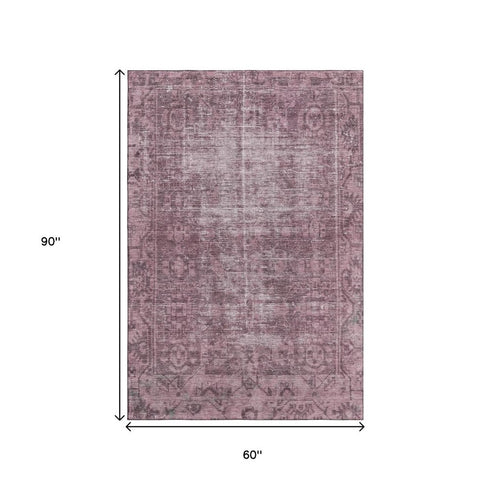 5' X 8' Merlot And Silver Oriental Washable Area Rug With UV Protection