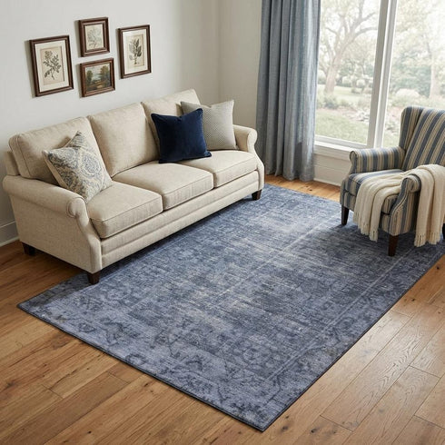 5' X 8' Navy Blue And Silver Oriental Washable Area Rug With UV Protection