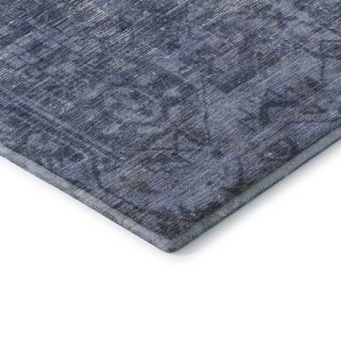 5' X 8' Navy Blue And Silver Oriental Washable Area Rug With UV Protection