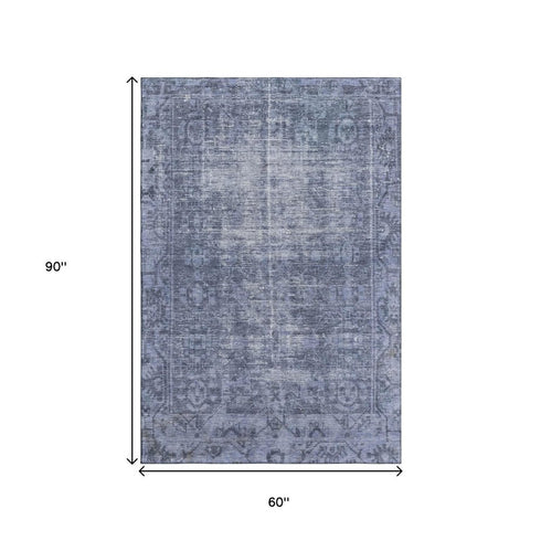 5' X 8' Navy Blue And Silver Oriental Washable Area Rug With UV Protection