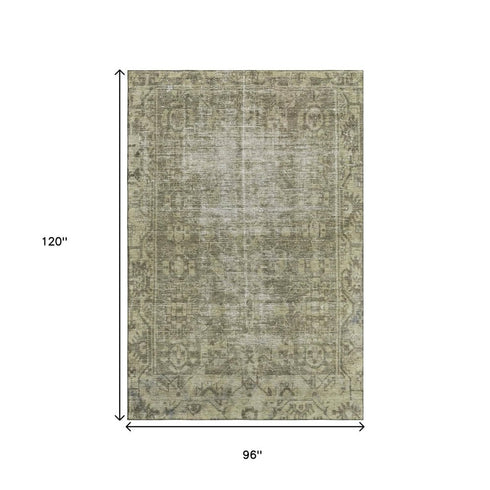 8' Olive Green And Silver Oriental Washable Area Rug With UV Protection