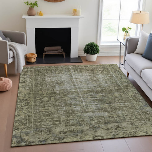 8' Olive Green And Silver Oriental Washable Area Rug With UV Protection