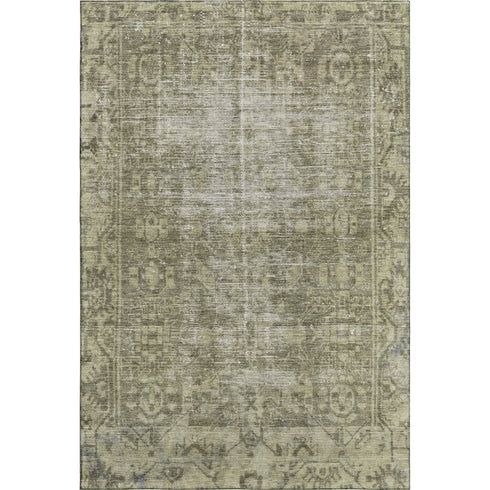 8' Olive Green And Silver Oriental Washable Area Rug With UV Protection