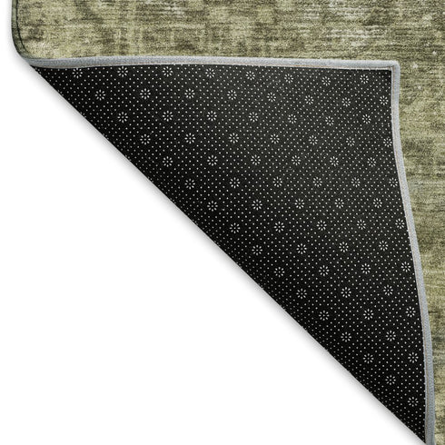 8' Olive Green And Silver Oriental Washable Area Rug With UV Protection