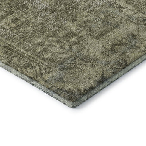 8' Olive Green And Silver Oriental Washable Area Rug With UV Protection